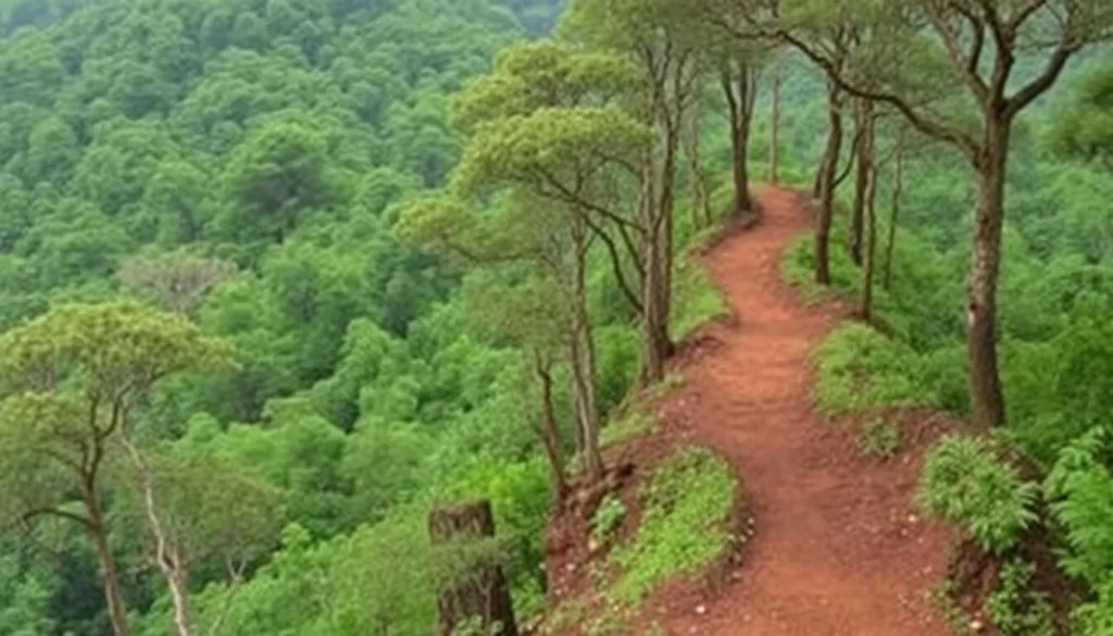 Generate an image of Nadukani Hills with dense forests and a trekking trail.