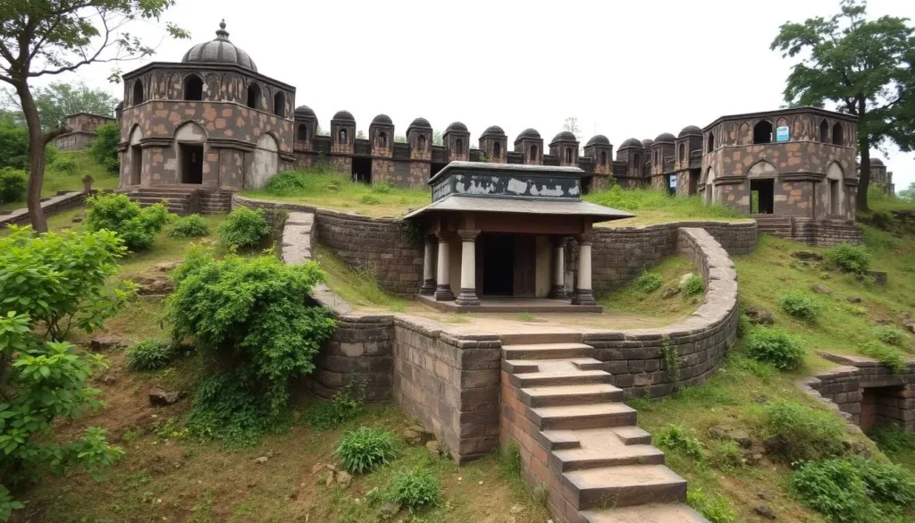 Generate an image of Nagunur Fort, highlighting its unique architectural features and surrounding landscape.