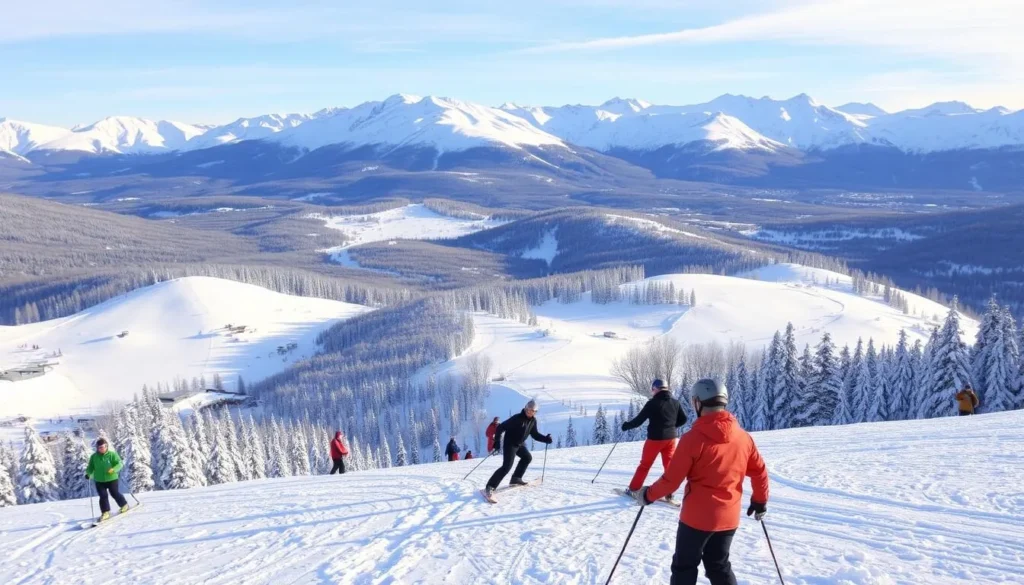 Generate an image of Nakiska Ski Area with snow-covered slopes and skiers in action.