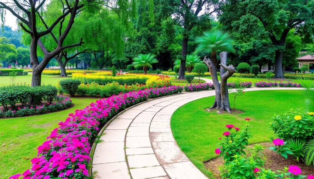 Generate an image of Nakshatra Vatika, showcasing its beautifully landscaped gardens and tranquil ambiance.