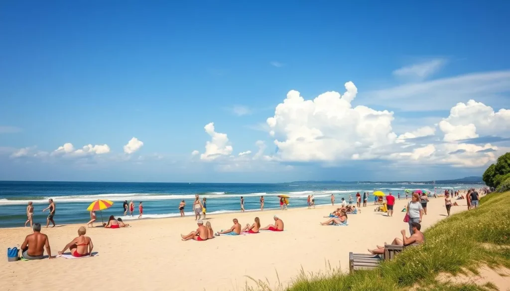 Generate an image of Nallikari Beach during summer with people enjoying the sun and the Baltic Sea.