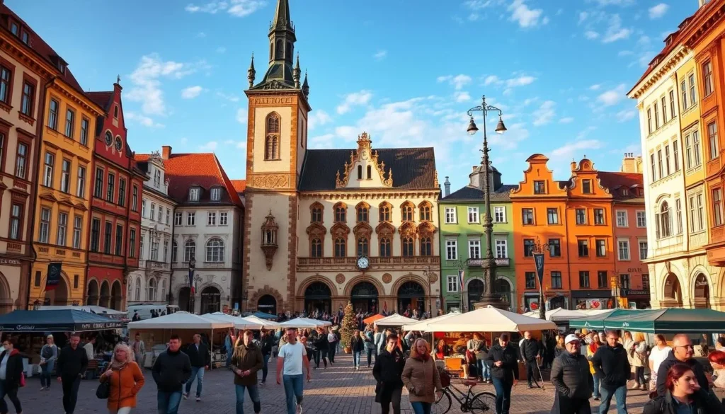 Generate an image of Náměstí Míru in Svitavy, showcasing its historic buildings and lively atmosphere.