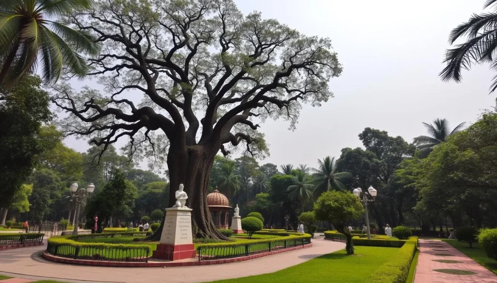 Generate an image of Nana Rao Park, showcasing its statues and the "Boodha Bargad" tree.