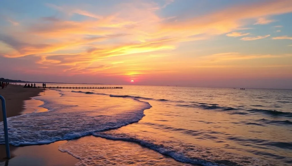 Generate an image of Nerul Beach with a serene shoreline and people enjoying the sunset.