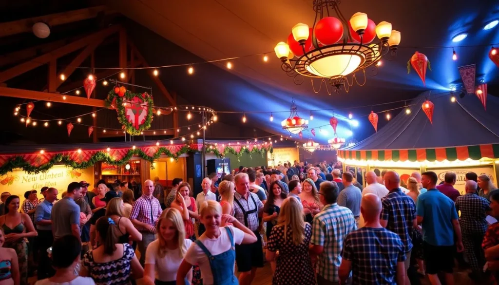 Generate an image of New Ulm's Oktoberfest celebration, featuring traditional German music, dancing, and beer gardens.