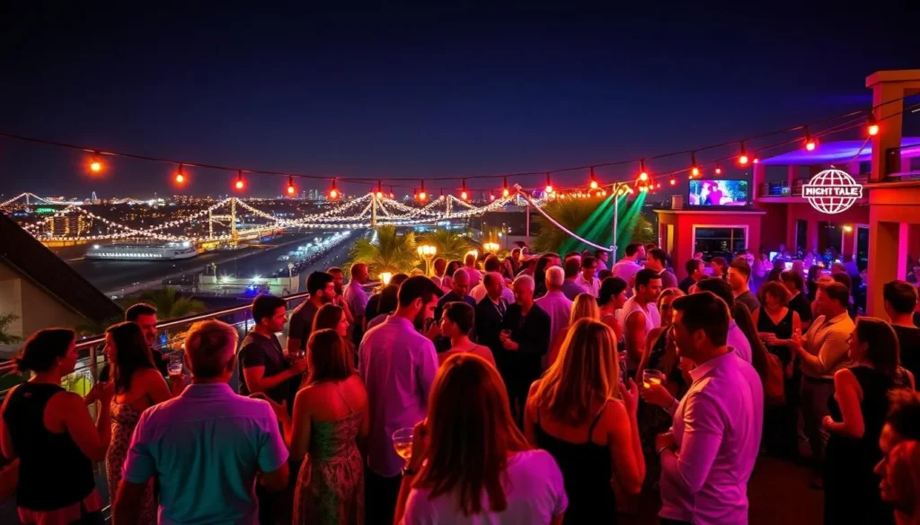 Generate an image of Night Tales' terrace with people enjoying cocktails and dancing.