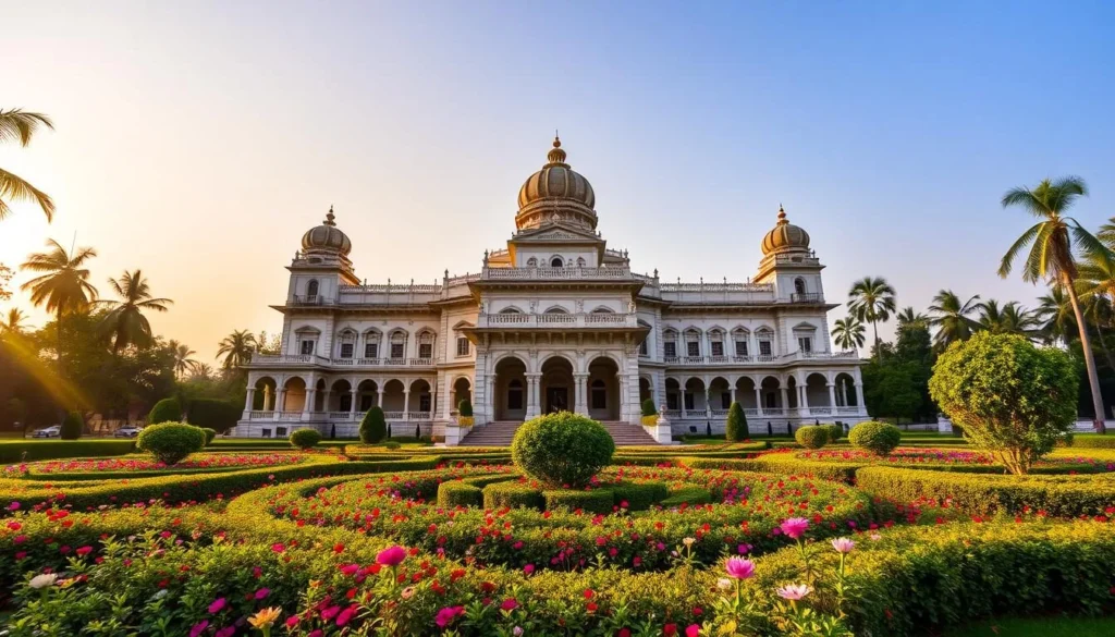 Generate an image of Nilambag Palace, showcasing its grand façade and beautifully maintained gardens.