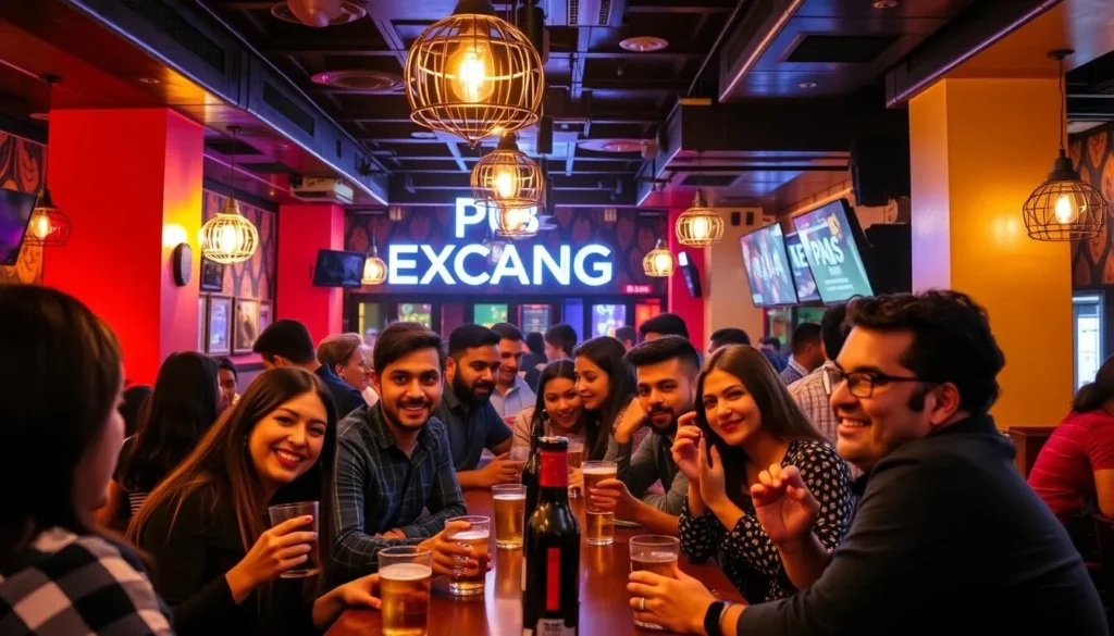 Generate an image of Noida Pub Exchange's vibrant interior with patrons enjoying drinks.