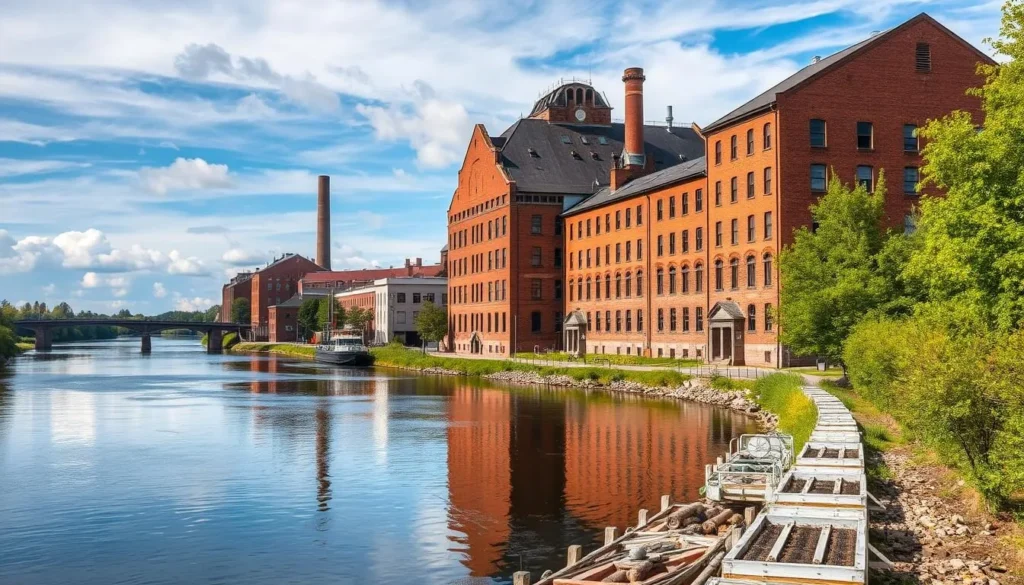 Generate an image of Norrkoping's Industrial Landscape with historic red-brick factory buildings along the Motala River.
