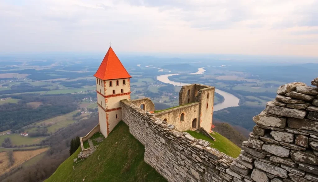 Generate an image of Nový Hrádek castle ruins with a scenic view of the Dyje River meanders.