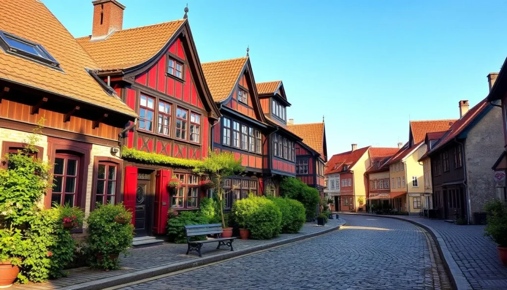 Generate an image of Old Rauma's cobblestone streets with traditional wooden houses.