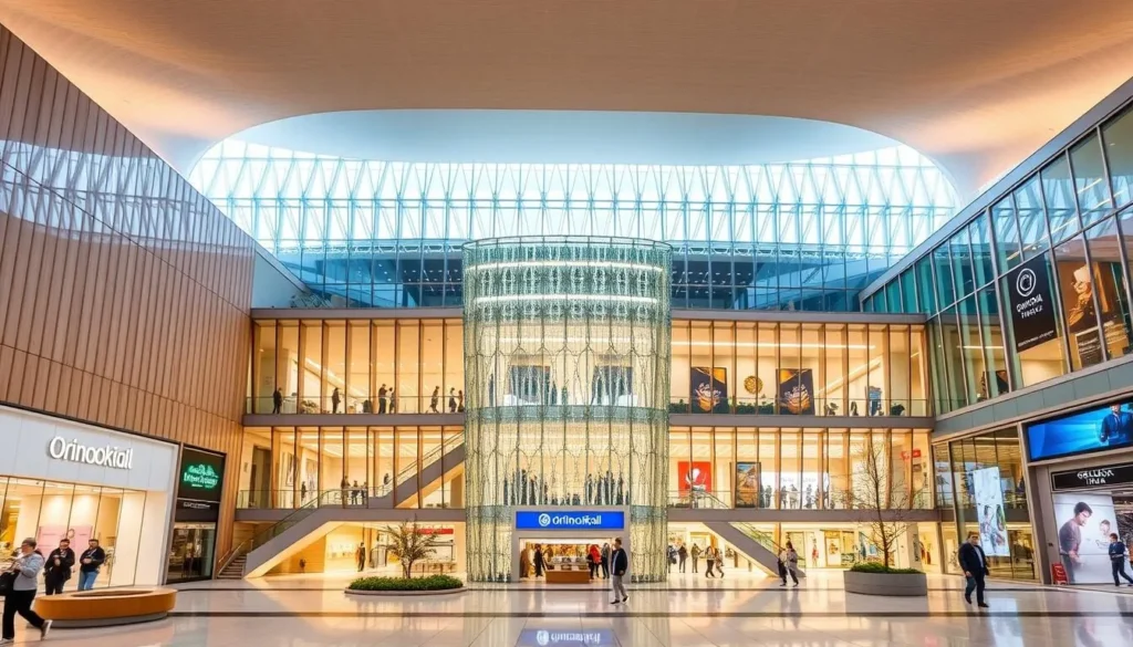 Generate an image of Orinokia Mall's exterior or interior, showcasing its modern architecture and vibrant atmosphere.