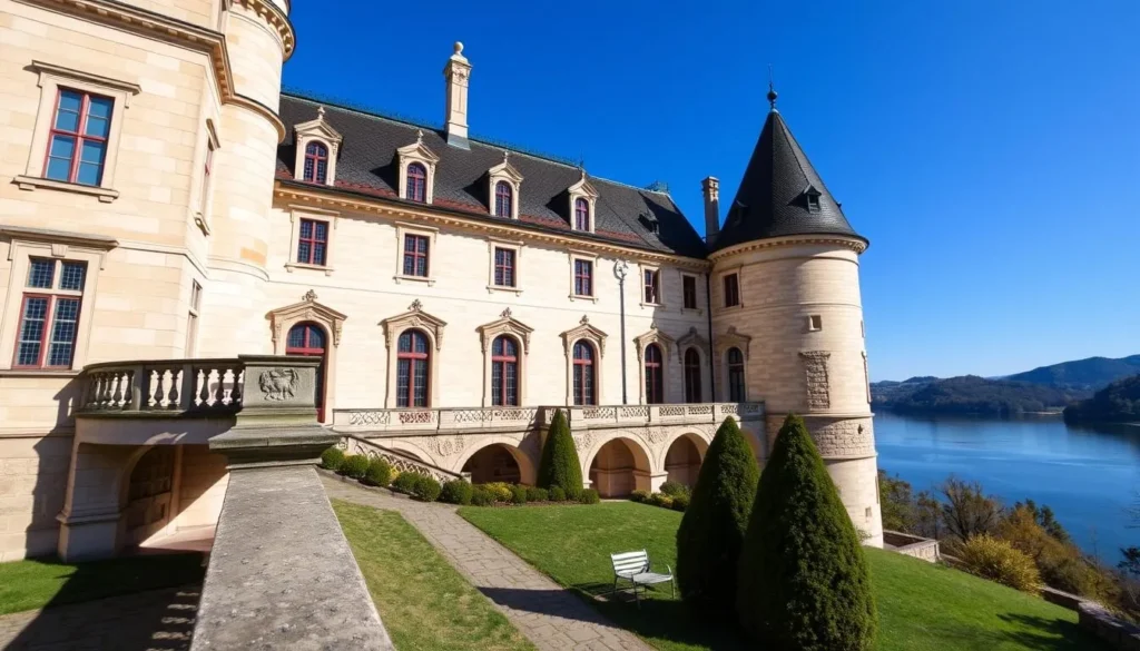 Generate an image of Orlík Chateau's facade with the reservoir in the background.