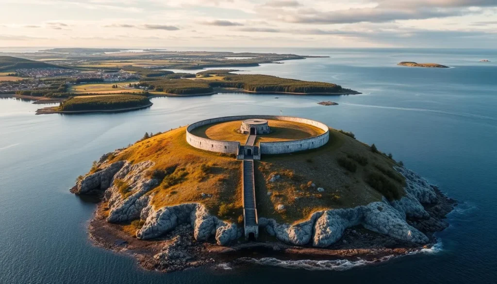 Generate an image of Örö Fortress Island, Finland, showcasing its historical bunkers and stunning sea views. Generate an image of Örö Fortress Island, Finland, showcasing its historical bunkers and stunning sea views.