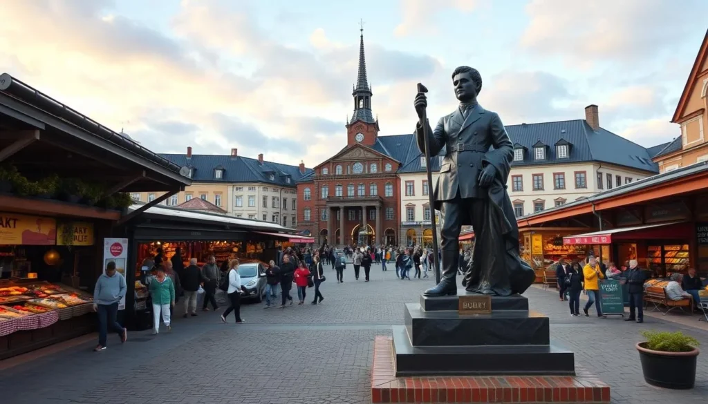 Generate an image of Oulu Market Square with the Bobby Statue