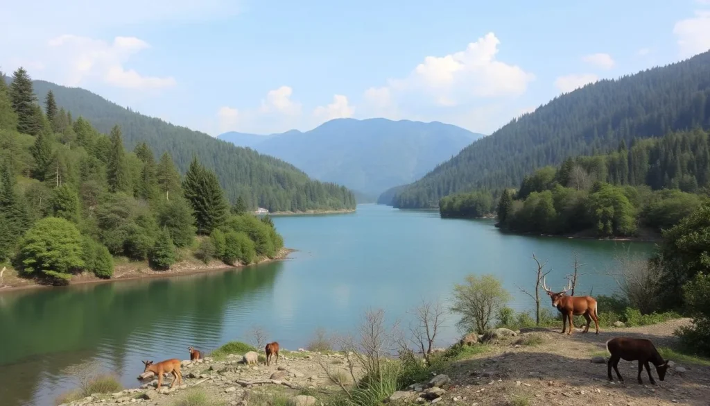 Generate an image of Pakhal Lake with its surrounding forest and wildlife. Generate an image of Pakhal Lake with its surrounding forest and wildlife.