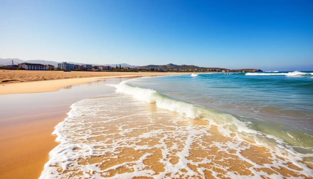 Generate an image of Palomino Beach with sun, sand, and surf.