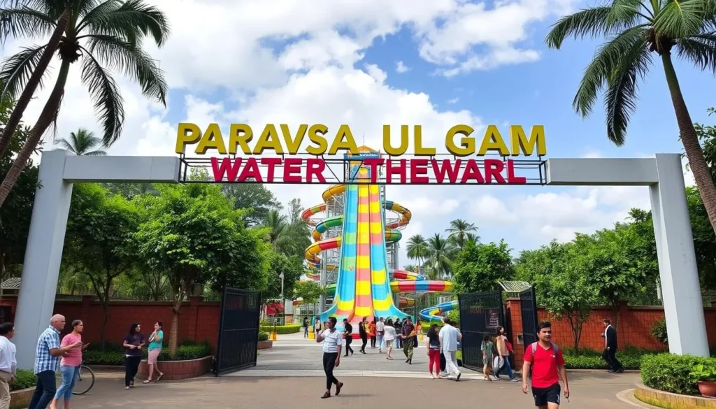 Generate an image of Paravasa Ulagam Water Theme Park's main entrance with a colorful water slide in the background.