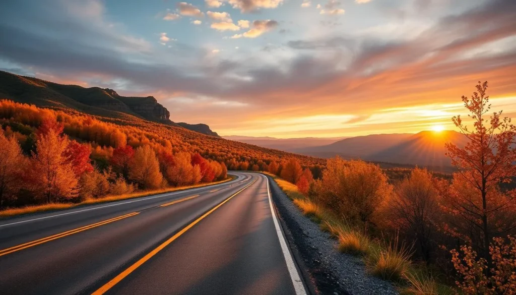 Generate an image of Park Loop Road during sunrise in autumn.