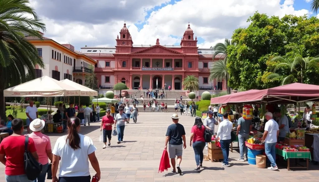 Generate an image of Parque Ayacucho with people strolling and local vendors.