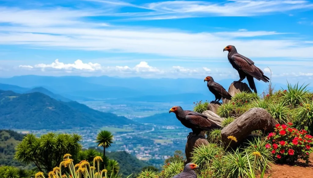 Generate an image of Parque Condor, a bird sanctuary perched on a hilltop with panoramic views of Otavalo.
