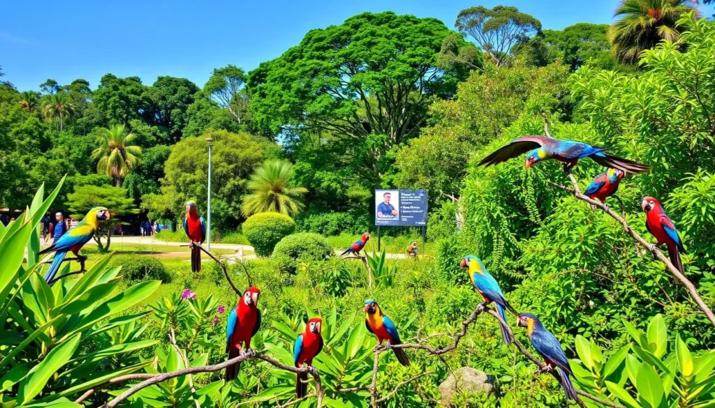 Generate an image of Parque das Aves, showcasing its lush vegetation and diverse bird species.