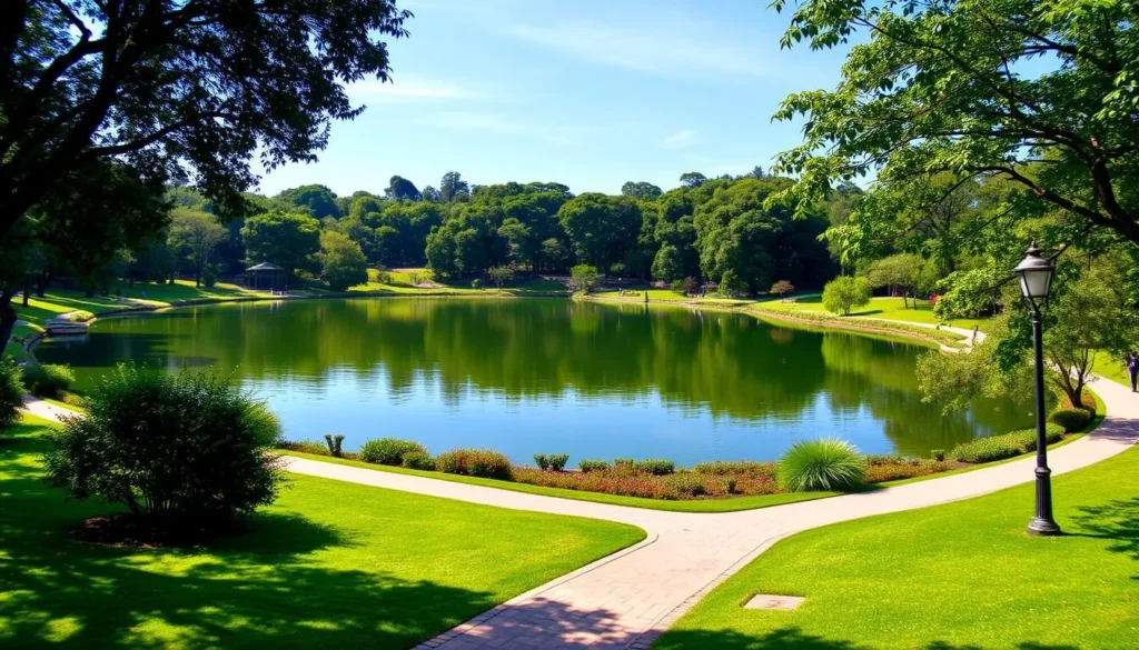 Generate an image of Parque do Lago with a serene lake and walking paths.
