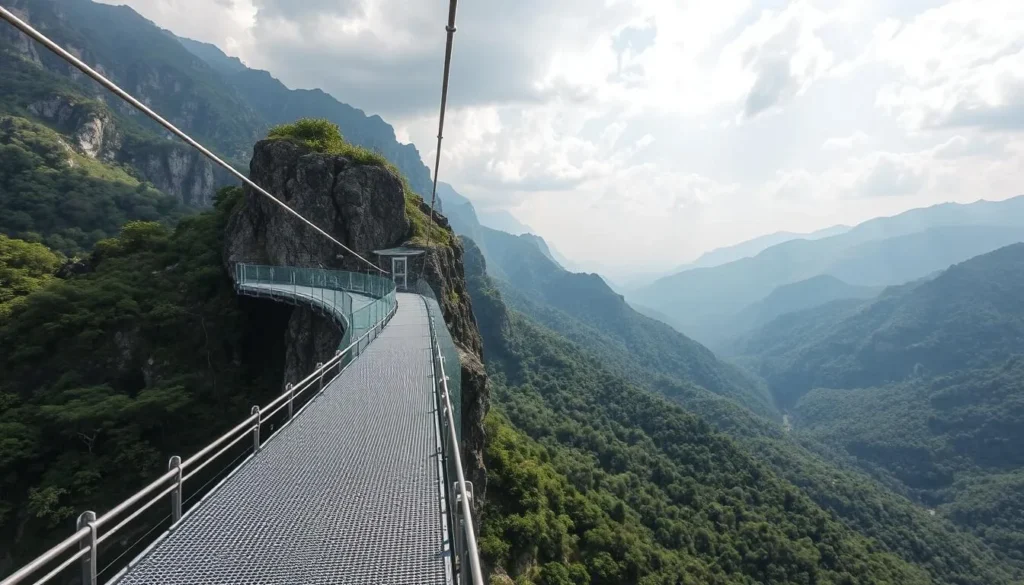 Generate an image of Paso del Angel's suspended glass bridge with the valley below.