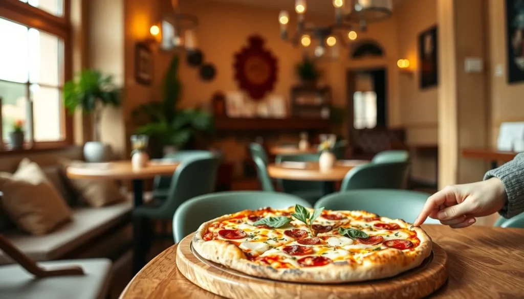 Generate an image of Passos sem Glúten's cozy interior with a gluten-free pizza being served.