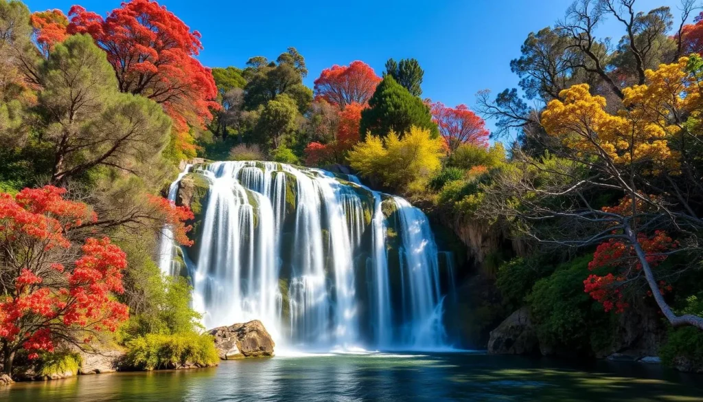 Generate an image of Peguche Waterfall surrounded by lush eucalyptus trees.