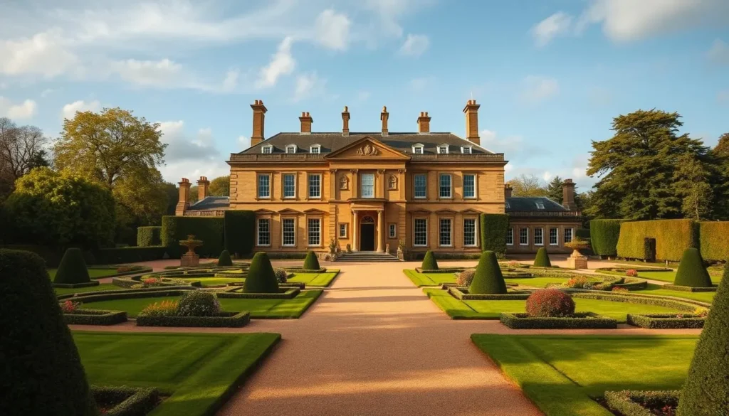 Generate an image of Petworth House, a 17th-century mansion surrounded by beautifully landscaped gardens and a serene deer park.