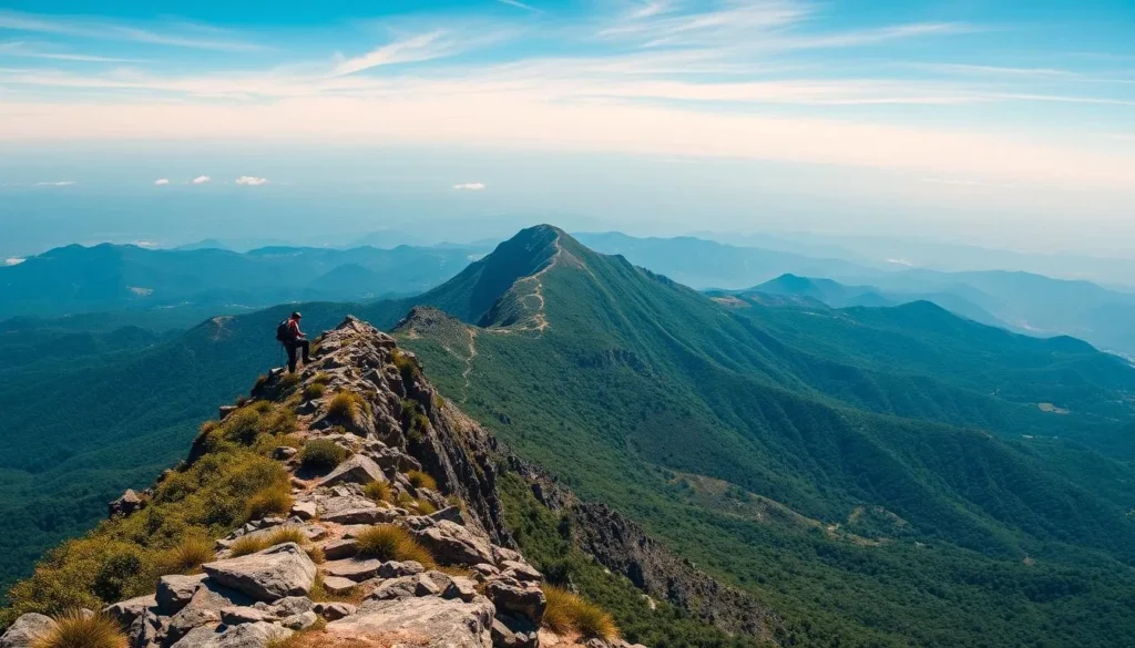 Generate an image of Pico Bolívar, the highest peak in Venezuela, with climbers ascending the mountain.