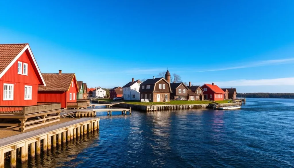 Generate an image of Pikisaari Island with its picturesque wooden houses and the Oulu River in the background.