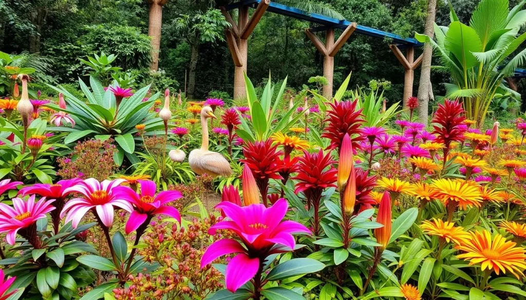 Generate an image of Pilikula Nisargadhama's botanical garden with diverse flora and fauna.