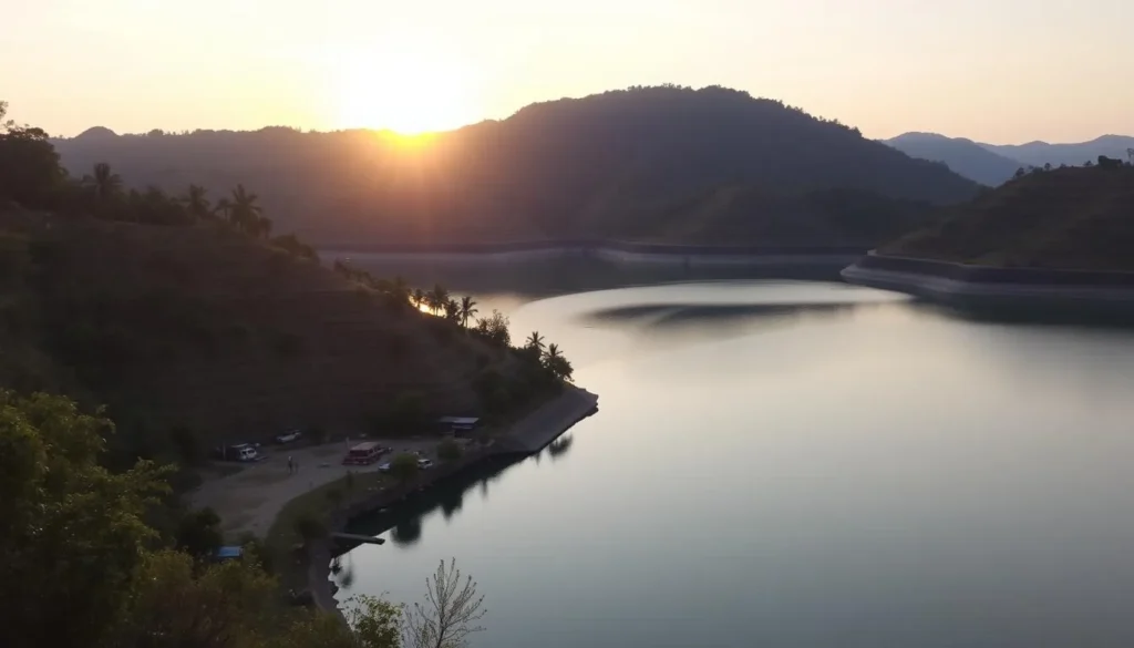 Generate an image of Pitamahal Dam, a serene dam with calm waters and surrounding greenery, ideal for picnics and sunset views.