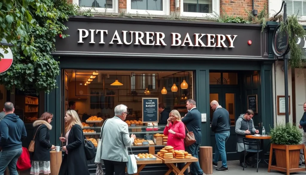 Generate an image of Pitshanger Bakery's exterior on a busy Saturday morning.