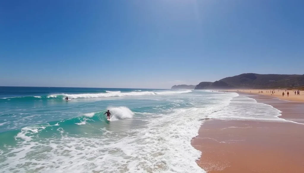 Generate an image of Playa Reñaca with surfers riding the waves.