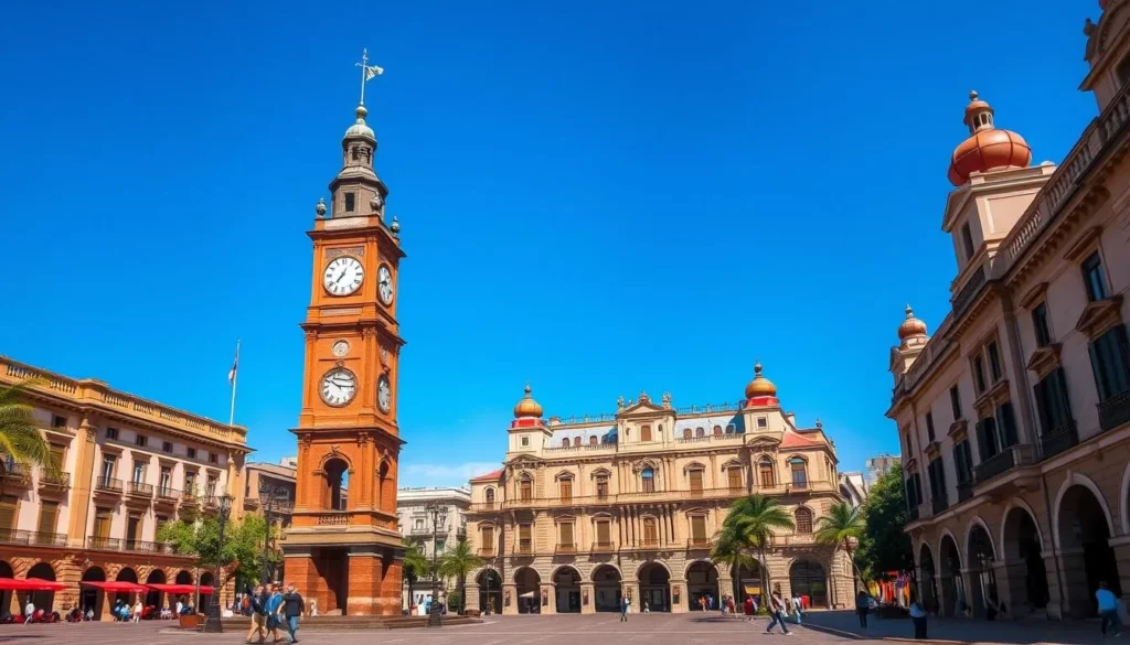 Generate an image of Plaza Arturo Prat with its iconic clock tower and surrounding historic buildings.