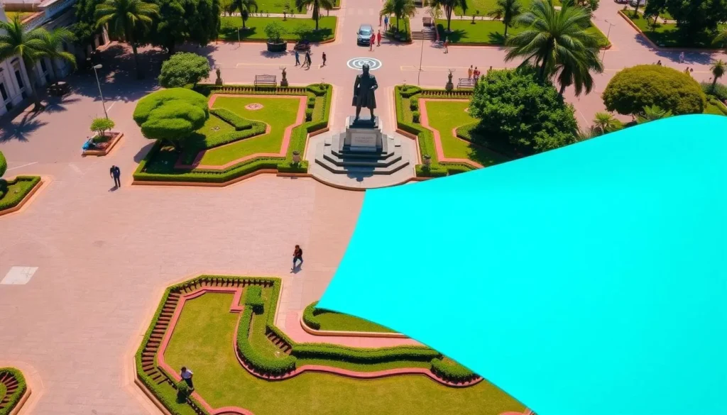 Generate an image of Plaza Bolivar in San Cristobal, Venezuela, showcasing its historic statue of Simón Bolivar and beautifully maintained gardens.