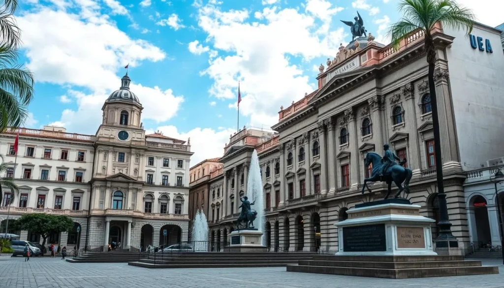 Generate an image of Plaza Bolívar with historical buildings and monuments.