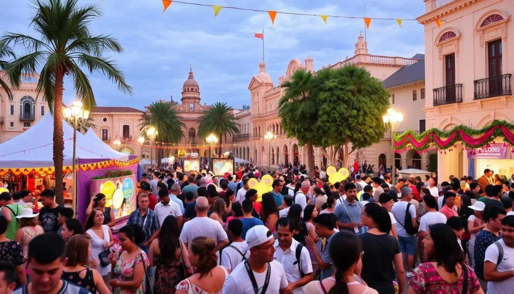 Generate an image of Plaza El Estadio with people enjoying a cultural event.