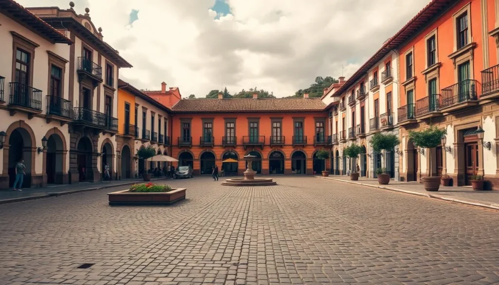 Generate an image of Plaza Mayor in Villa de Leyva, showcasing its vast cobblestone expanse and historic buildings.