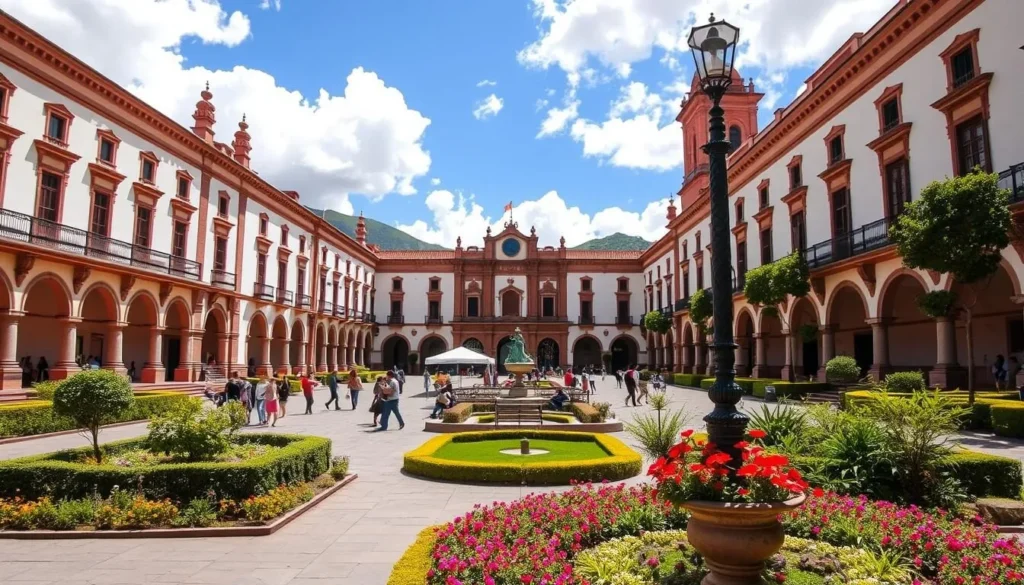 Generate an image of Plaza de Armas in Cajamarca, Peru, showcasing its colonial architecture and lush gardens.