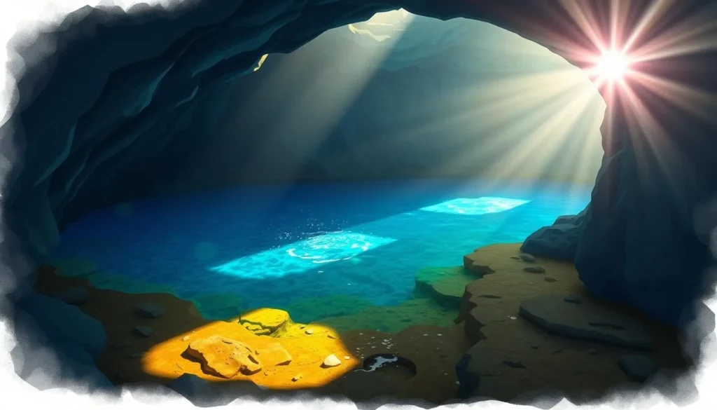 Generate an image of Poço Azul, with the sunlight shining through the cave entrance and illuminating the blue pool.