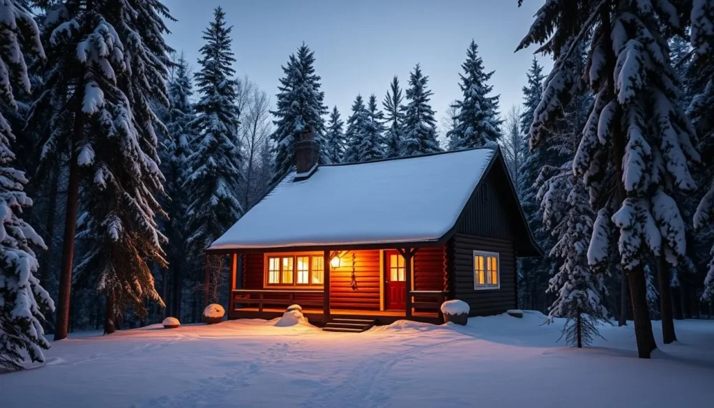 Generate an image of Pohjolan Pirtti, a cozy cottage in a snowy forest, with a warm glow emanating from the windows.