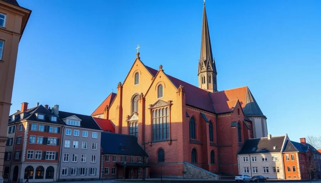 Generate an image of Porvoo Cathedral with its distinctive red brick exterior and tall spire.