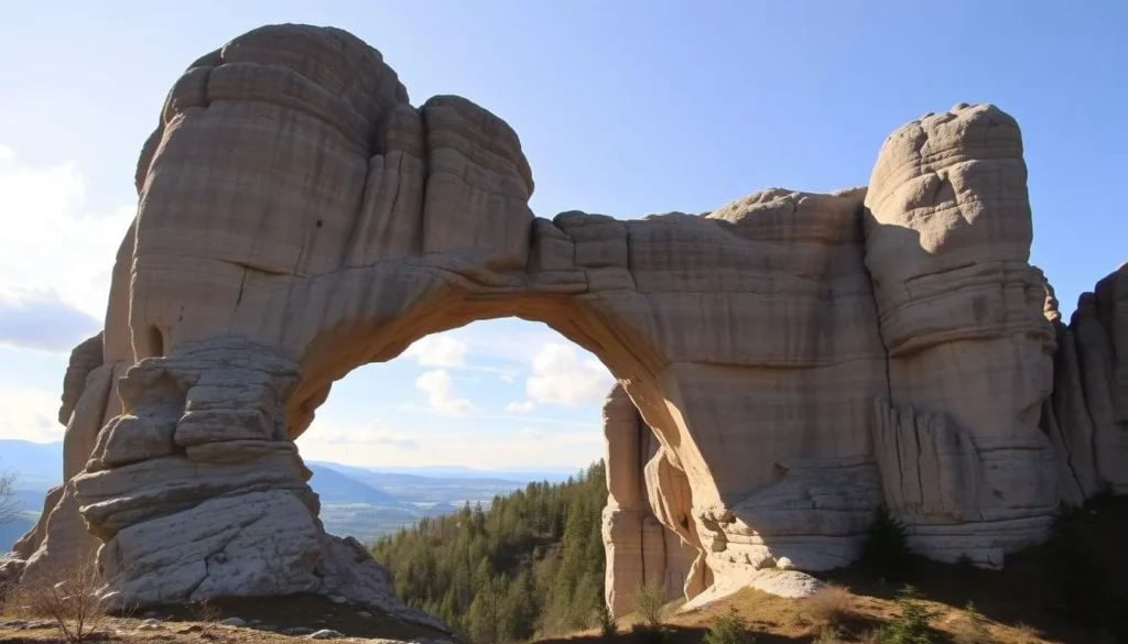 Generate an image of Pravcická Brána, a massive sandstone arch in Czech Switzerland National Park.