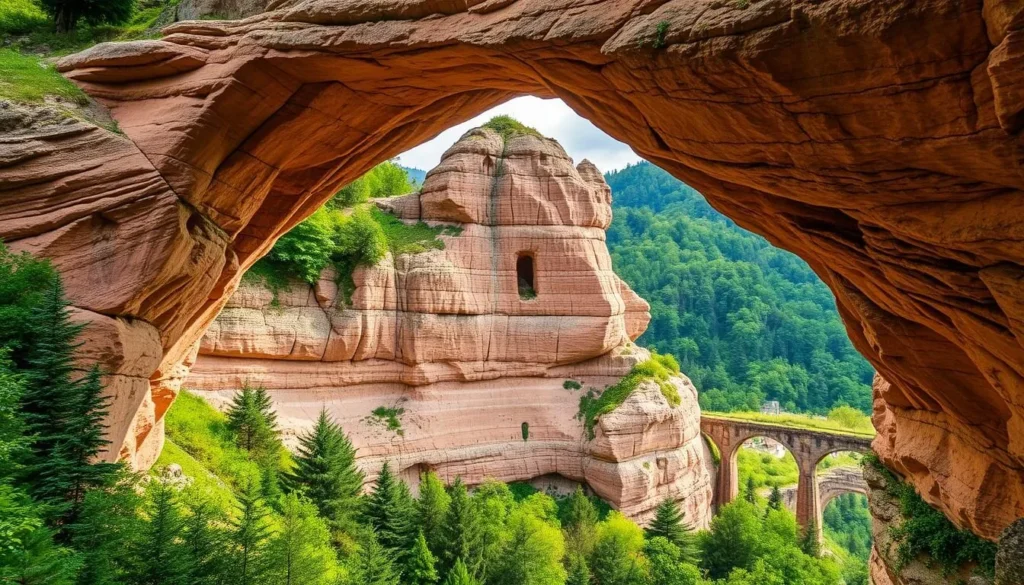 Generate an image of Pravčická Brána, showcasing its massive sandstone structure and the surrounding landscape.