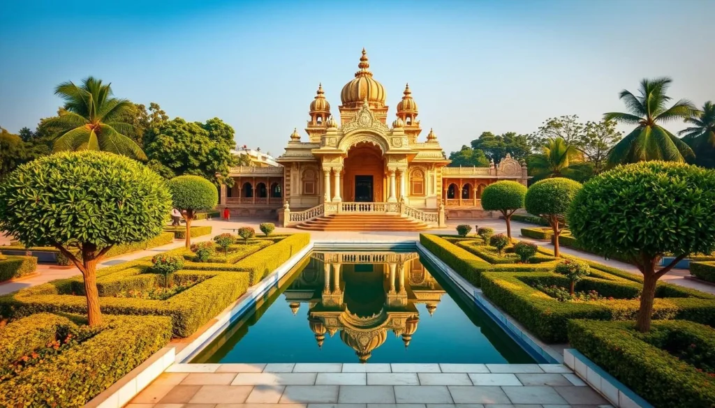 Generate an image of Prem Mandir in Rajkot, highlighting its beautiful gardens and spiritual significance.