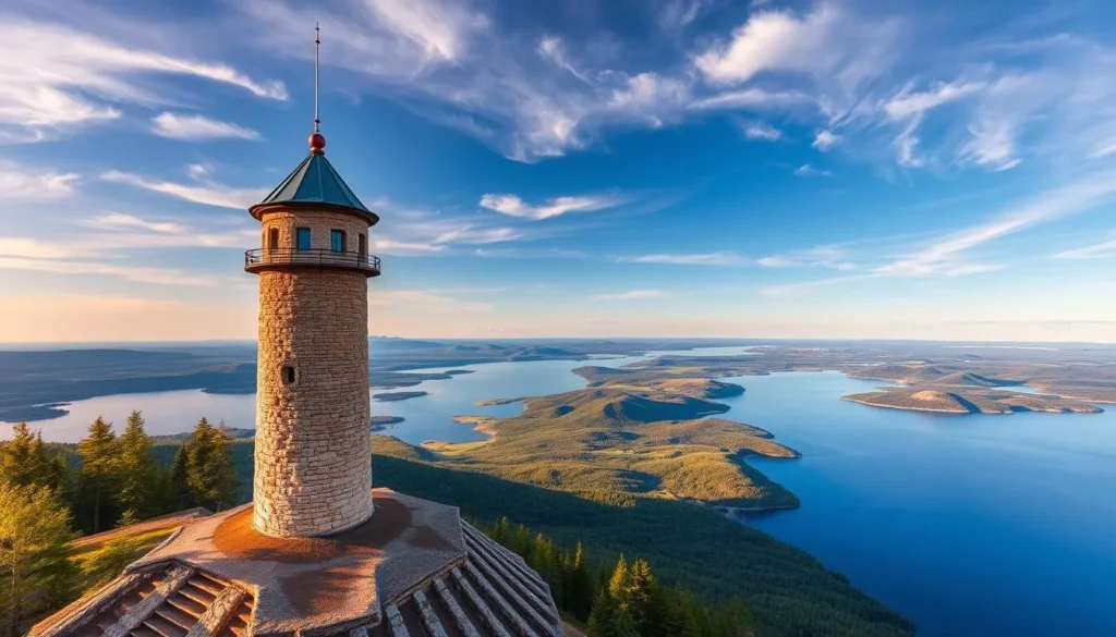 Generate an image of Puijo Tower with a panoramic view of Lake Kallavesi